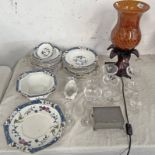 TABLE LAMP WITH ORANGE GLASS SHADE, VARIOUS GLASSES, KU-SHAW PORCELAIN ETC.