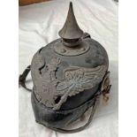 GERMAN WW1 PICKELHAUBE HELMET WITH LEATHER AND METAL BODY WITH VARIOUS MARKINGS TO INCLUDE KRAG