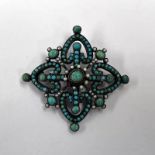 MIDDLE EASTERN WHITE METAL PEARL & TURQUOISE BROOCH - 5.