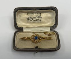 9CT GOLD SEED PEARL & SYNTHETIC SAPPHIRE SET BROOCH - 2.