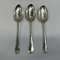 3 GEORGE II LONDON, SILVER TABLE SPOONS BY RICHARD SCARLETT,