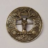 SCOTTISH SILVER PLAID BROOCH WITH CELTIC KNOT & STAGS HEAD DECORATION - 6.