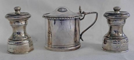 SILVER DRUM MUSTARD POT, LONDON 1963 & PAIR OF SILVER PEPPER MILLS,