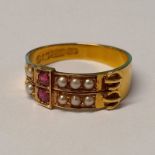 15CT GOLD PEARL & RUBY SET BUCKLE RING, BIRMINGHAM 1876 - RING SIZE M, 3.