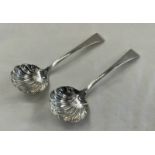 PAIR OF GEORGE III SILVER BRIGHT CUT SAUCE LADLES WITH SHELL BOWLS NY WILLIAM SUMNER LONDON CIRCA