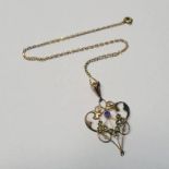 9CT GOLD ART NOUVEAU PEARL & AMETHYST PENDANT ON A 9CT GOLD CHAIN - 2.