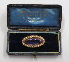 EARLY 20TH CENTURY 15CT GOLD PEARL & AMETHYST SET BROOCH,