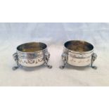 PAIR OF VICTORIAN SILVER PLATED EGYPTIAN REVIVAL CIRCULAR SALTS WITH SPHINX MASK LIONS PAW FEET