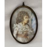 19TH CENTURY GILT OVAL FRAMED MINIATURE OF A YOUNG LADY IN A WHITE DRESS & PEACH SASH - 13.5 X 9.
