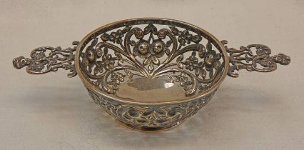 SCOTTISH SILVER QUAICH STYLE PIN DISH WITH PIERCED FLORAL DECORATION BY THOMAS SMITH & SONS,