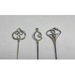 3 ART NOUVEAU SILVER HAT PINS WITH SWIRLED DECORATION BY CHARLES HORNER, CHESTER 1907,