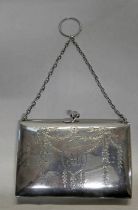 SILVER CARD CASE WITH FOLIATE ENGRAVED DECORATION & LEATHER FITTED INTERIOR,