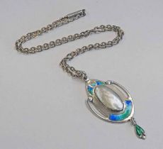 ARTS & CRAFTS SILVER MOTHER OF PEARL AND ENAMEL PENDANT.