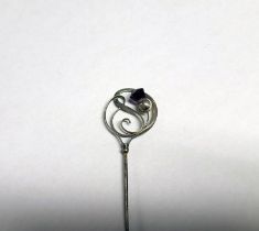 ART NOUVEAU SILVER AMETHYST SET HAT PIN WITH SWIRLED DECORATION BY CHARLES HORNER,