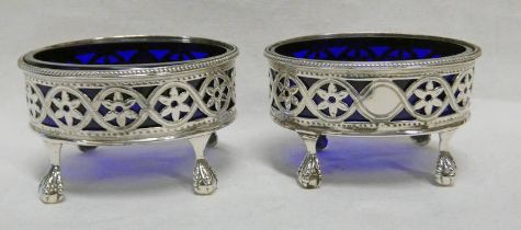 PAIR OF GEORGE III SILVER OVAL SALTS WITH PIERCED SIDES,