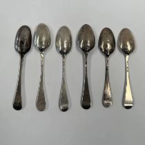 6 VARIOUS 18TH CENTURY SILVER PICTURE BACK TEASPOONS CIRCA 1750 - 60 G