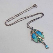 ART NOUVEAU PALE GREEN & BLUE ENAMEL DECORATED SILVER PENDANT ON CHAIN BY JAMES FENTON,