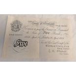 1956 BANK OF ENGLAND 'WHITE' FIVE POUNDS BANKNOTE, SIGNED L.K.