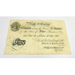 1931 BANK OF ENGLAND FIVE POUNDS WHITE BANKNOTE, CATTERNS SIGNATURE,
