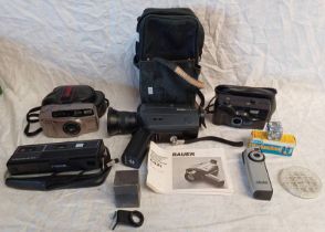 SELECTION OF CAMERAS & ACCESSORIES TO INCLUDE; BAUER C14XL CAMCORDER WITH CASE,