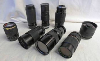 EIGHT CAMERA LENSES INCLUDING CANON FL 1:4.5 200MM, SMC PENTAX 1:4 70-210 MM, MAKINON 1:6.