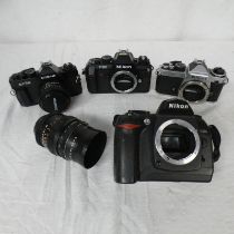 COSINA CT1G CAMERA BODY WITH COSINA 50MM F1-2 CAMERA LENS, NIKON FE2 CAMERA BODY,