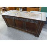 19TH CENTURY OAK COFFER WITH CARVED PANEL FRONT 65 CM TALL X WIDE