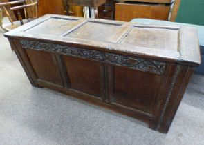 19TH CENTURY OAK COFFER WITH CARVED PANEL FRONT 65 CM TALL X WIDE