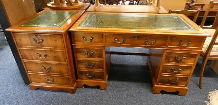 LATE 20TH CENTURY YEW WOOD TWIN PEDESTAL DESK WITH LEATHER INSET TOP & 3 FRIEZE DRAWERS OVER 2
