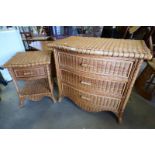 WICKER WORK 3 DRAWER CHEST WITH SHAPED TOP & MATCHING SINGLE DRAWER BEDSIDE TABLE