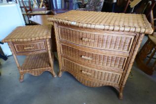 WICKER WORK 3 DRAWER CHEST WITH SHAPED TOP & MATCHING SINGLE DRAWER BEDSIDE TABLE