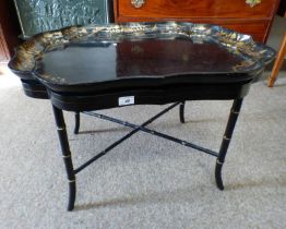 19TH CENTURY LACQUERED TRAY WITH GILT DECORATION & LATER STAND,