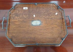 20TH CENTURY OAK OCTAGONAL TRAY WITH SILVER PLATE PLAQUE AND GALLERY LABELLED KEMP BROS,