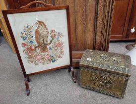 BRASS DOME TOPPED COAL BOX WITH EMBOSSED CLASSICAL SCENE DECORATION & MAHOGANY FRAMED FIRE SCREEN