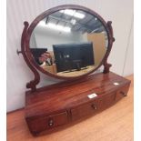 19TH CENTURY MAHOGANY OVAL DRESSING TABLE MIRROR WITH ONE LONG & 2 SHORT DRAWERS TO BASE.