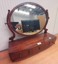 19TH CENTURY MAHOGANY OVAL DRESSING TABLE MIRROR WITH ONE LONG & 2 SHORT DRAWERS TO BASE.