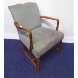 19TH CENTURY MAHOGANY FRAMED OPEN ARMCHAIR WITH PADDED BACK & SEAT ON SPLAYED SUPPORTS.