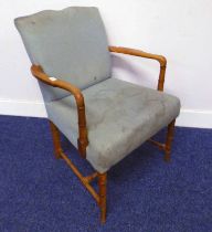 19TH CENTURY MAHOGANY FRAMED OPEN ARMCHAIR WITH PADDED BACK & SEAT ON SPLAYED SUPPORTS.