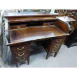 20TH CENTURY MAHOGANY ROLL TOP DESK WITH 2 STACKS OF 3 DRAWERS ON SQUARE TAPERED SUPPORTS LABELLED