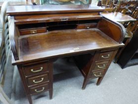 20TH CENTURY MAHOGANY ROLL TOP DESK WITH 2 STACKS OF 3 DRAWERS ON SQUARE TAPERED SUPPORTS LABELLED