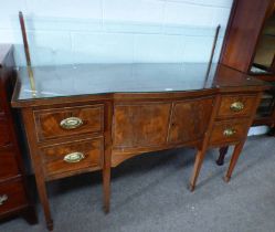 19TH CENTURY INLAID MAHOGANY SIDEBOARD WITH GLASS PANEL BACK & BOW FRONT WITH 2 PANEL DOORS FLANKED