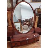 19TH CENTURY MAHOGANY OVAL DRESSING TABLE MIRROR WITH ONE LONG & 2 SHORT DRAWERS TO BASE.