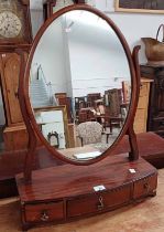 19TH CENTURY MAHOGANY OVAL DRESSING TABLE MIRROR WITH ONE LONG & 2 SHORT DRAWERS TO BASE.