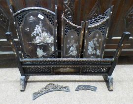 EASTERN HARDWOOD SCREEN WITH DECORATIVE ORIENTAL SCENE MOTHER OF PEARL INLAY & DECORATIVE CARVED