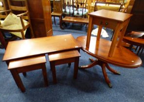 NEST OF 1 LARGER & 2 SMALLER INLAID MAHOGANY TABLES, OVAL TOPPED YEW WOOD PEDESTAL TABLE ETC.