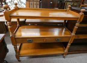 LATE 19TH CENTURY OAK 3 TIER BUFFET WITH 2 DRAWERS ON TURNED SUPPORTS,