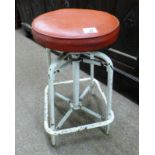 20TH CENTURY INDUSTRIAL PAINTED METAL CIRCULAR STOOL WITH SPRING LEATHERETTE PADDED TOP.