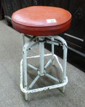 20TH CENTURY INDUSTRIAL PAINTED METAL CIRCULAR STOOL WITH SPRING LEATHERETTE PADDED TOP.