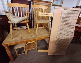 PINE RECTANGULAR KITCHEN TABLE, 2 KITCHEN ARMCHAIRS ETC.