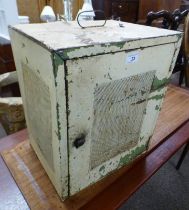 20TH CENTURY PAINTED METAL HANGING MEAT SAFE WITH PIERCED PANEL SIDES & SINGLE PIERCED PANEL DOOR
